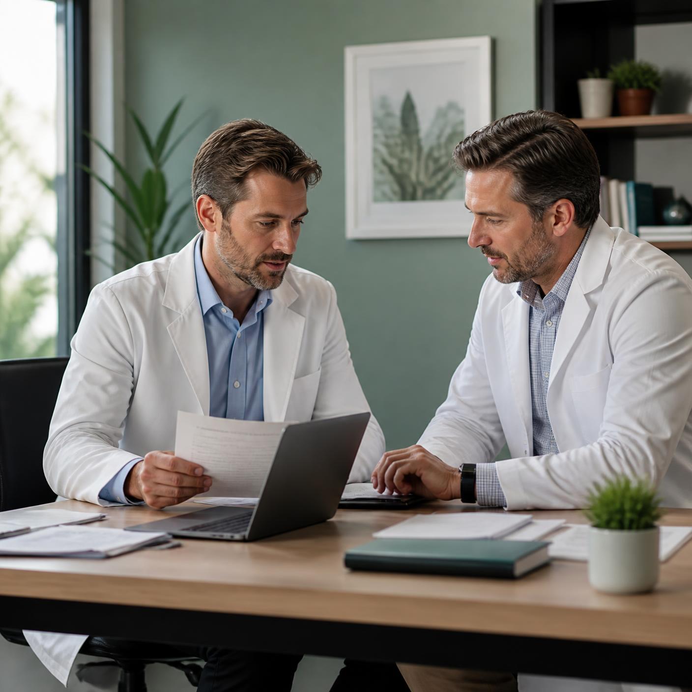Sócios de uma clínica médica analisando informações em consultório